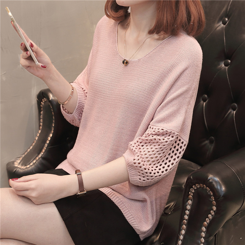 2025 Spring New Style Hollow Leaky Collarbone Mid-Sleeve Sweater Bottoming Shirt Fishnet Sweater Top Ice Silk Loose Women
