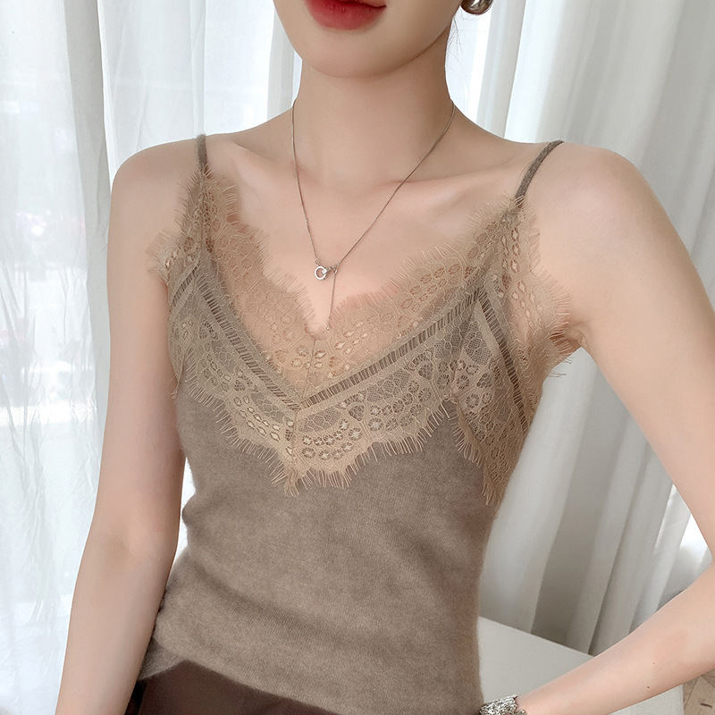 2025 New Lace Camisole Women's Short Cashmere Sweater with V Neck Sleeveless Gentle Style Bottoming Shirt Top