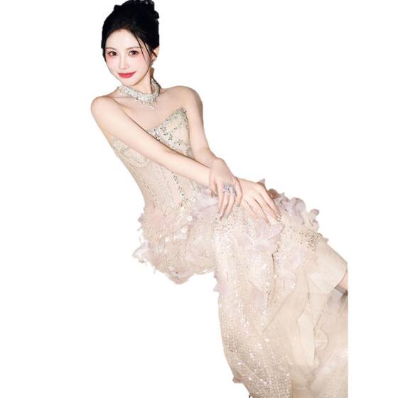 Fishtail Evening Dress Women's High-end Light Luxury Niche 2025 New Style Host Banquet Birthday Elegant Art Test Celebrity