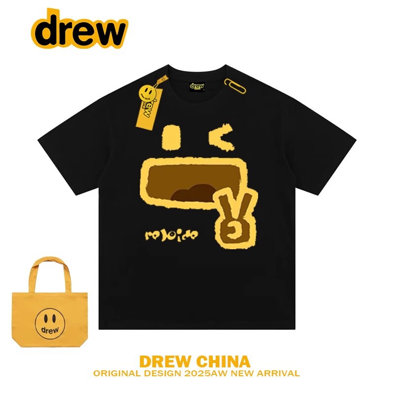 Drew American Retro Fun Short-Sleeved T-Shirt for Men and Women, Trendy Brand Casual Loose Summer Couple Style Pure Cotton T-Shirt