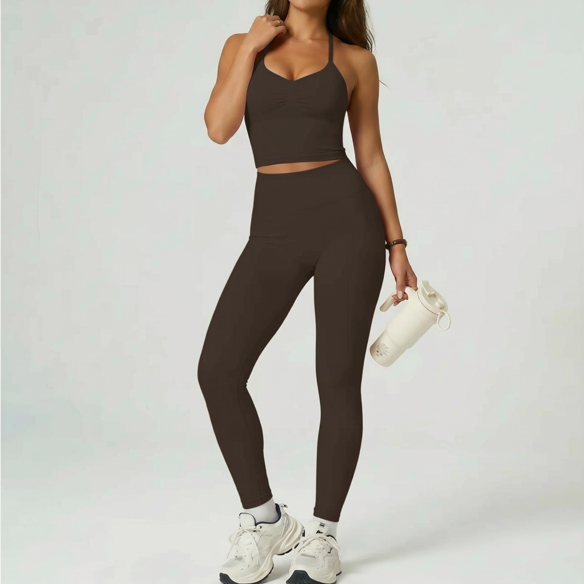 Trajes de yoga transfronterizos trajes de ejercicios colgantes cuello expuesto cintura cojín de pecho cinturón pantalones cortos pantalones de ropa interior deportiva set de yoga