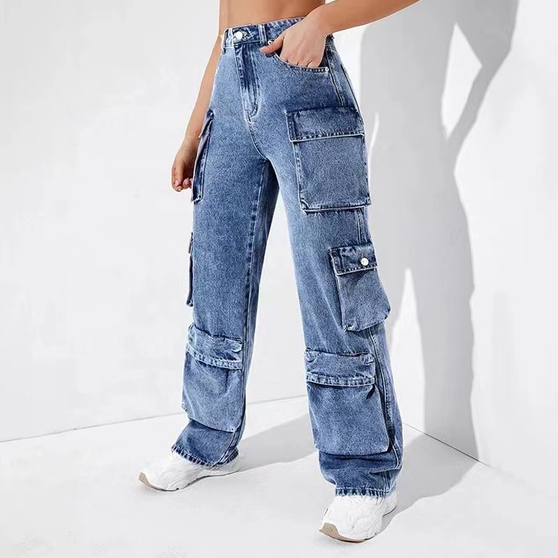 Origen Fabricante 2025 Vaqueros de mujer Monos de trabajo Pantalones de mujer con bolsillo abatible de cintura alta Pantalones de mujer ajustados sueltos