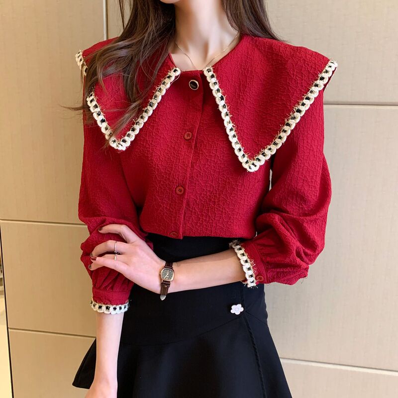 Doll Collar Chiffon Top for Women 2025 Spring and Autumn Large Lapel Red Shirt Zodiac Year Red Shirt