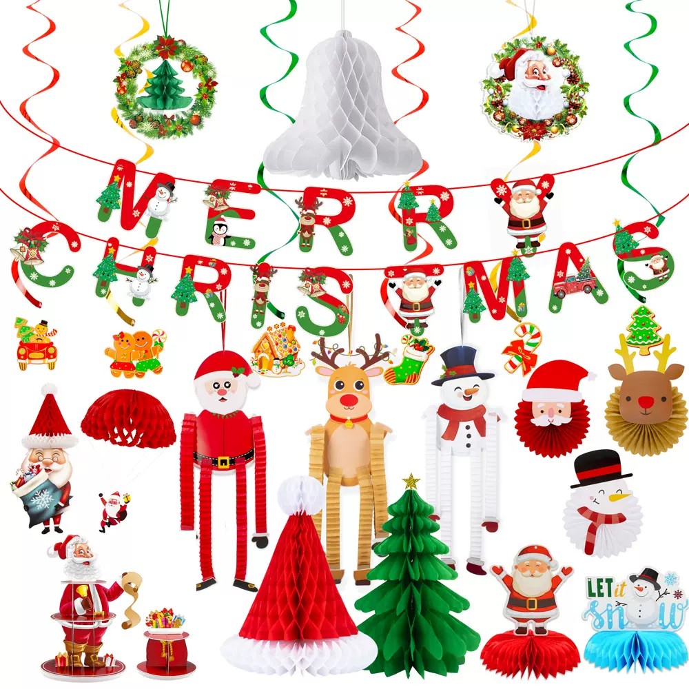 圣诞老人帽子圣诞树铃铛蜂窝挂饰 圣诞拉旗纸扇花蛋糕架螺旋挂饰