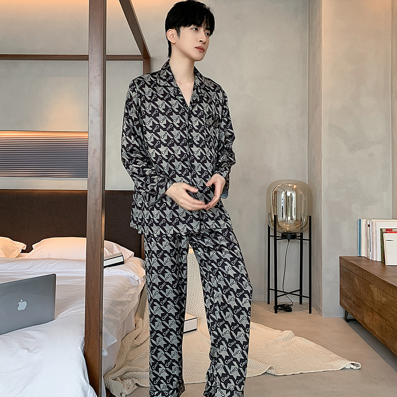 (2개) 봄, 가을 남성용 잠옷, 아이스 실크 긴팔 바지, 남성용 가을 가디건, 심플한 캐주얼 라펠 홈웨어 슈트