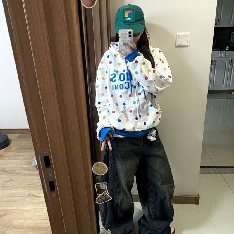 美式彩色波点字母刺绣连帽卫衣女春秋2025新款宽松百搭开衫外套潮|undefined