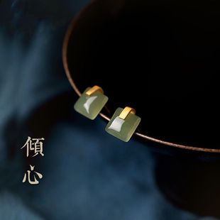 Authentic S925 Sterling Silver Antique Gold with Hotan Sapa Light Luxury High-end Earrings Women's Retro Elegant Earrings genuine goods