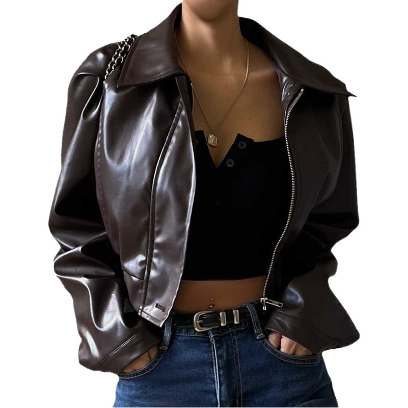 Foreign Trade European and American Women's Clothing 2025 Autumn New Vintage Style Lapel Zipper Pu Leather American Casual Jacket Coat