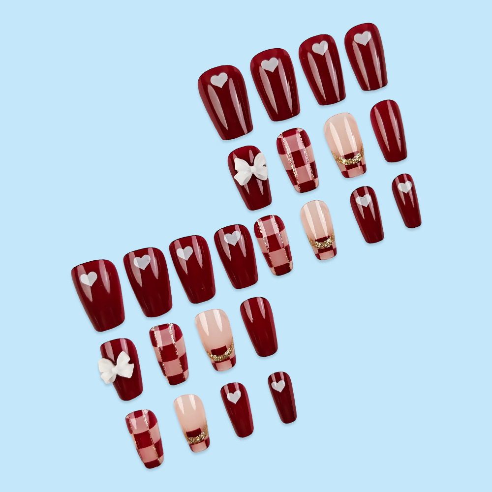 Moda atmósfera roja tablero de ajedrez hecho a mano para usar uñas amor arco de uñas 24 piezas parches de uñas terminados