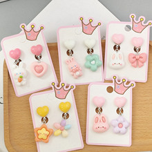 新儿童可爱亮面树脂五色花兔爱心AB款卡通耳夹无耳洞吊坠学生耳环