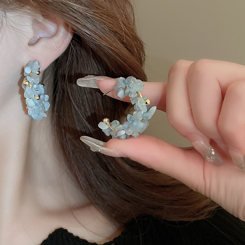 Aguja de plata, estilo de vacaciones azul, pendientes de lazo de flores suaves, pendientes de moda fresca, pendientes de ambiente dulce