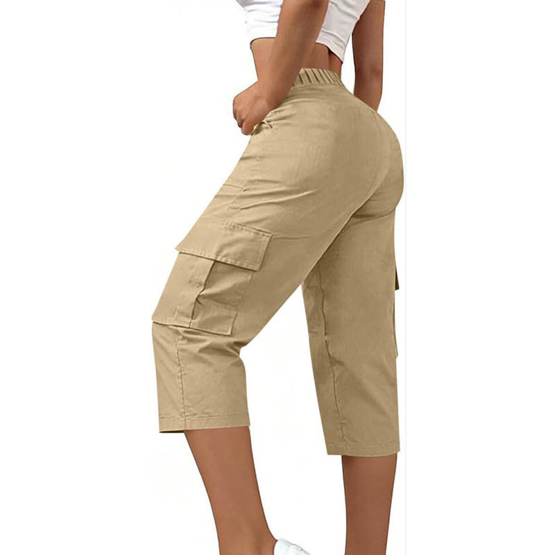 2026 European and American Amazon Women's Solid Color Pocket Casual High-Waisted Travel Loose Straight Cargo Cross-Border Cropped Pants