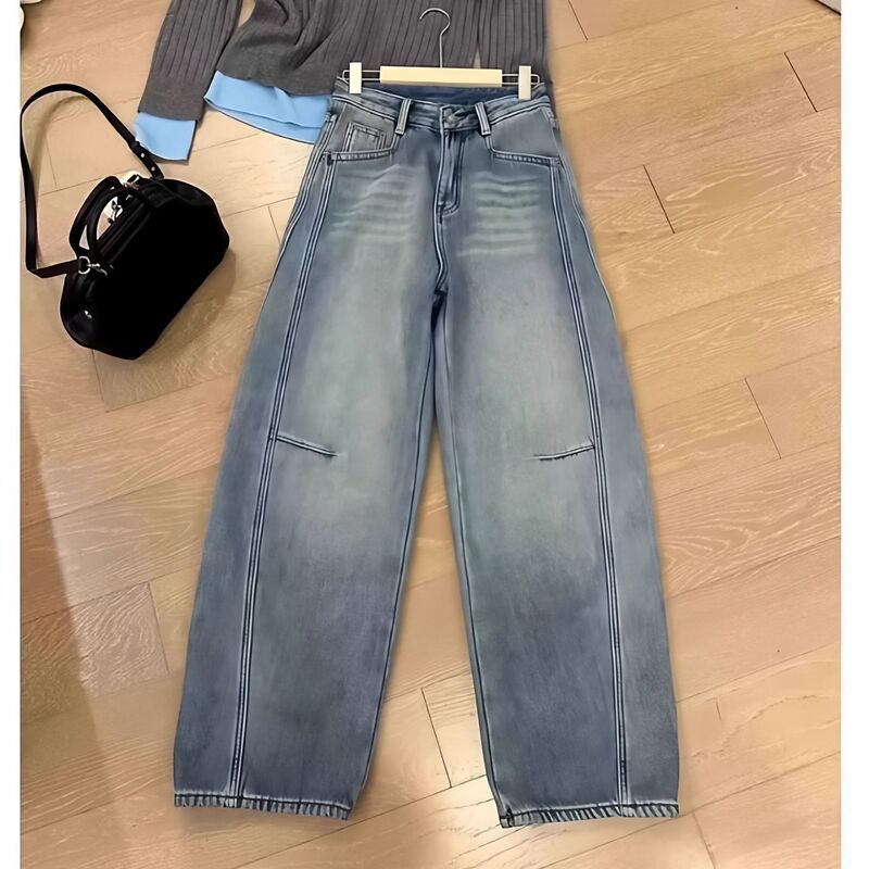早秋2025新款弯刀牛仔裤女大码梨形身材高腰宽松显瘦香蕉阔腿裤子|undefined