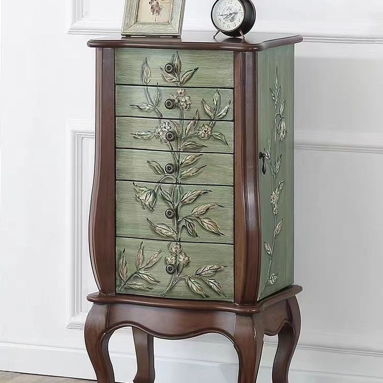 美式乡村五斗柜地中海彩绘艺术卧室珠宝收纳柜复古绿色抽屉柜绢花