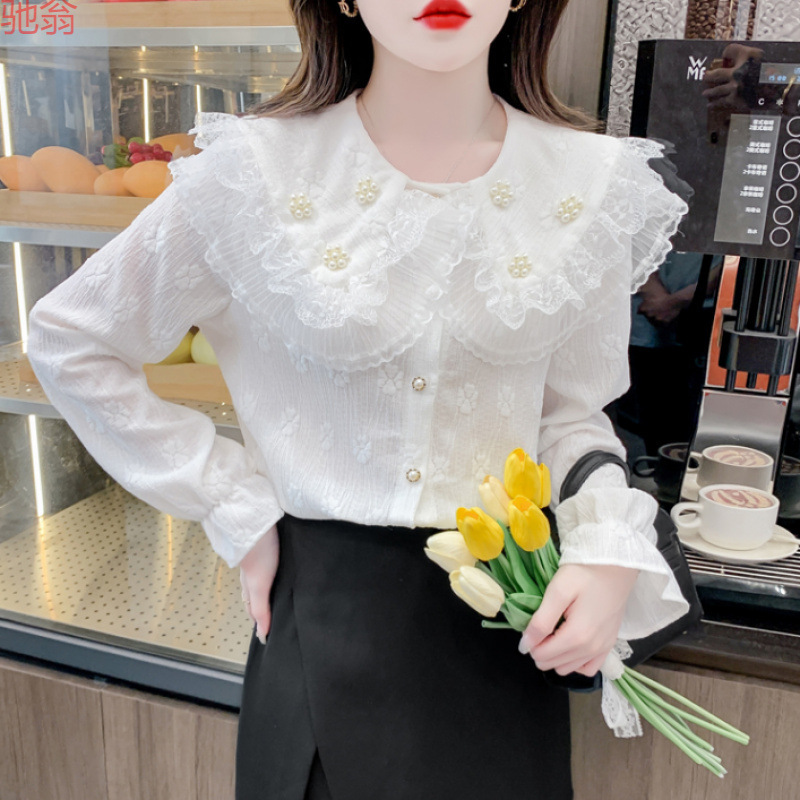 Y9Z Beaded Doll Collar Chiffon Lace Shirt Women's Autumn fleece-lined Thickened Design Sense Small Ocean Temperature Soft Wind