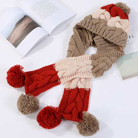 韩国可爱拼色麻花毛球针织帽子围巾套件女冬天加绒护耳毛线帽学生