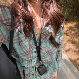 原版RL拉夫灰苔绿格子防晒长袖衬衫女夏季宽松显瘦减龄百搭上衣