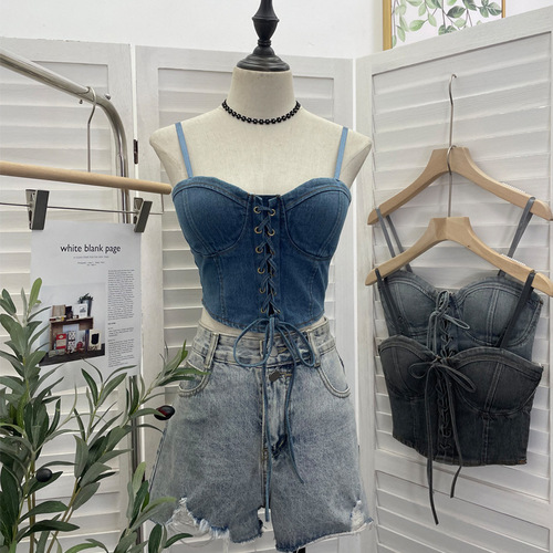 Actual shot of a denim vest with chest pads, adjustable shoulder straps, and a bow tie short suspender tube top 2597