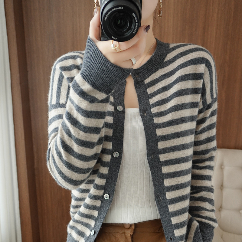 23 Autumn And Winter Cashmere Cardigan Women's Striped Knitted Jacket Slim Sweater Loose Pure Wool Outerwear Top