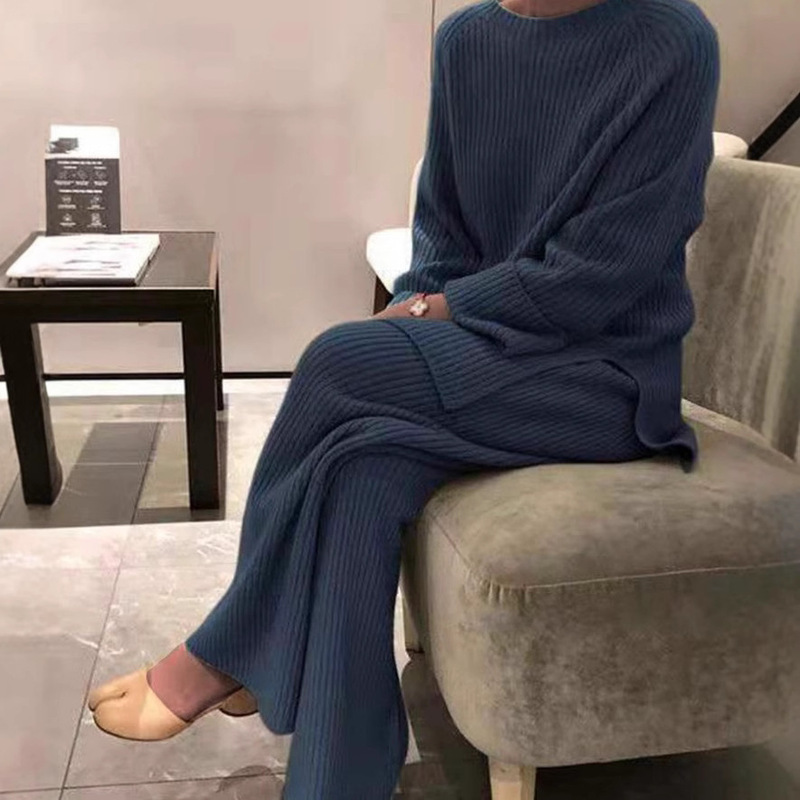 欧美女装2024秋冬亚马逊热卖长袖纯色针织休闲两件套毛衣欧美风|undefined