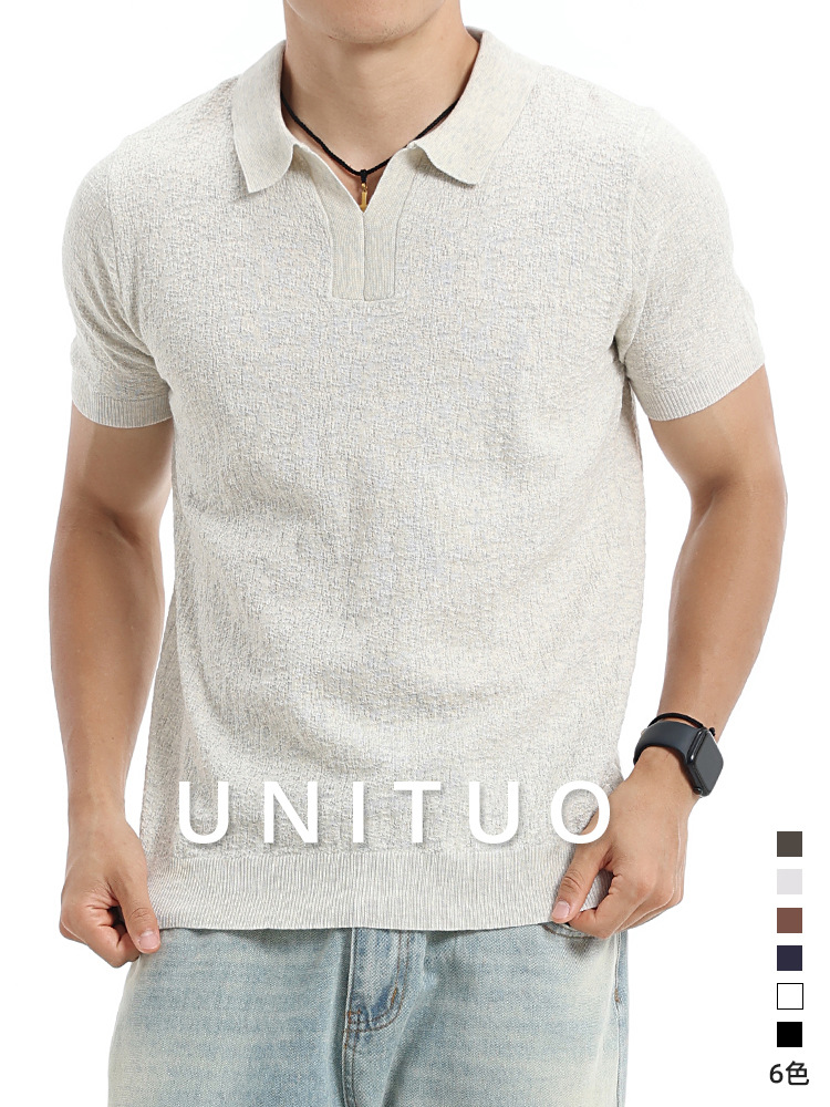 Europa y América transfronterizos textural hombre polo cuello V de punto de manga corta negocios casual alta sensación de ropa de hombre