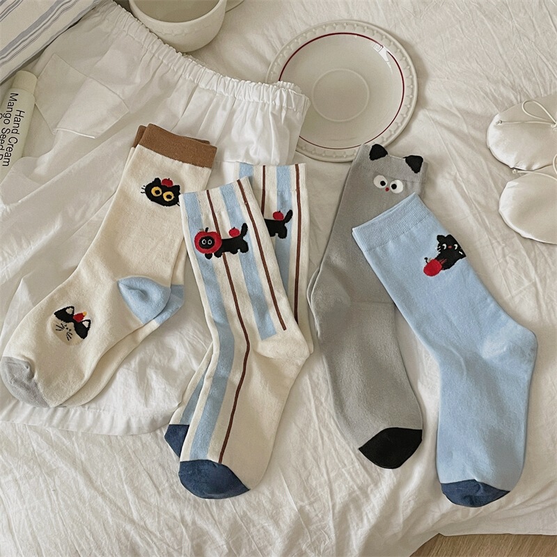 Korean-style Cartoon Apple Kitten Socks Women's Vertical Mid-section Socks Ins Trendy Japanese Style Cute College Style Socks for Spring and Autumn Korean-style Cartoon Apple Kitten Socks Women's Vertical Mid-section Socks Ins Trendy Japanese Style Cute College Style Socks for Spring and Autumn