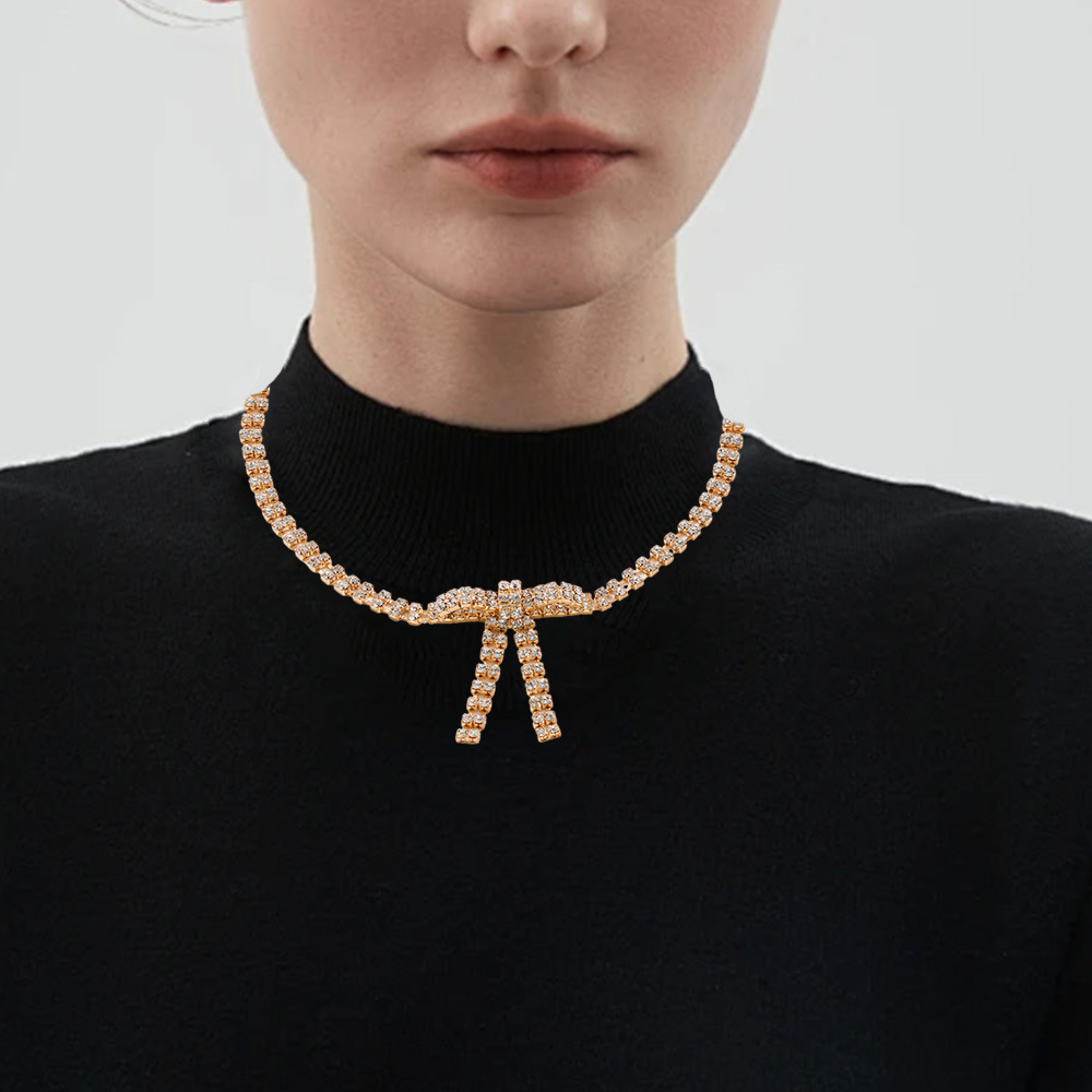 simple fashion sweet style full diamond luxury temperament INS style bow necklace ladies_voghion.com