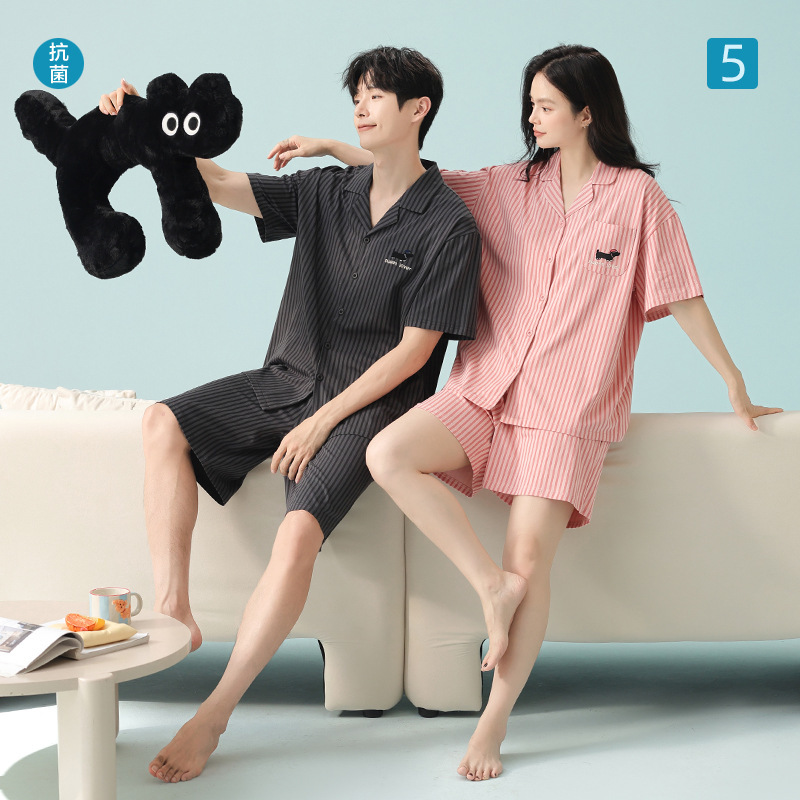 [Antibacterial Xinjiang Cotton] Spring and Summer Thin Pure Cotton Couple Pajamas Women's Short-sleeved Striped Men's Home Clothes suit