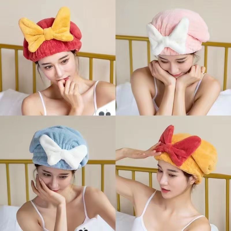蝶結びプリンセスハット、厚みのあるコーラルベルベット、速乾性、吸水性、ヘアドライタオル、ヘッドラップ、ターバン、シャンプー、シャワーキャップ、ドライヘア|undefined