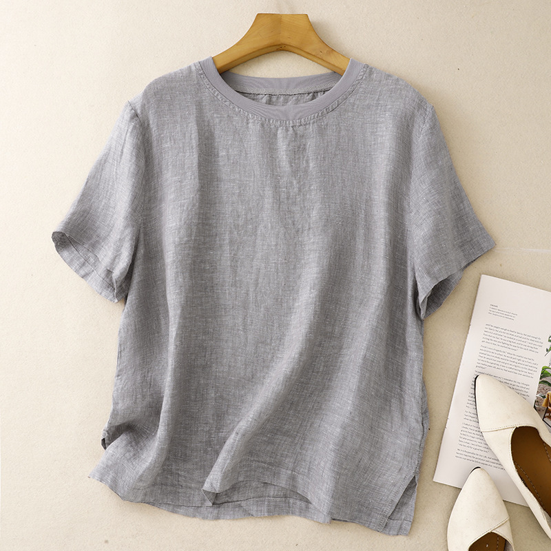 ソリッドカラー Tシャツ女性のための 2025 夏の新しい文学と芸術のファッション年齢を減らすルーズ痩身スプライシングラウンドネック Tシャツトップス女性のための|undefined