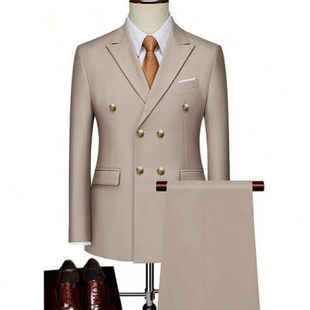 Double-Row Gold Button Suit Suit for Men's Annual Party Singer Performance Host Groom Wedding Photo Wedding Party Suit