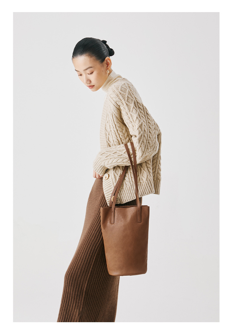 Qiu Zhen Lazy Water Bucket Genuine Shoulder Unique Soft Leather Women's Ba, Commutin Top Layer Plant Tanned Cowhide_voghion.com