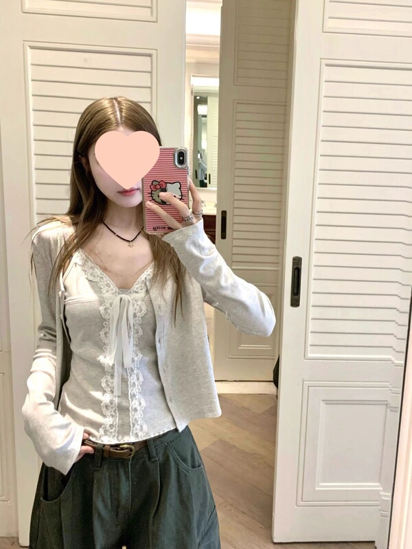 Pure Desire Lace Strap Long-Sleeve Cardigan Two-Piece Set for Women, New Summer Versatile Slim-Fit Top Set Pure Desire Lace Strap Long-Sleeve Cardigan Two-Piece Set for Women, New Summer Versatile Slim-Fit Top Set