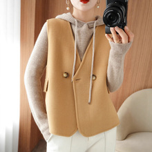 时尚洋气叠穿宽松坎肩无袖开衫百搭外穿v领外套双面呢马甲女短款