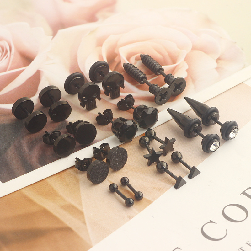10 Pair Black Stud Round Barbell Earrings Set - Stainless Steel Men's Personality Piercing Studs detail image 17
