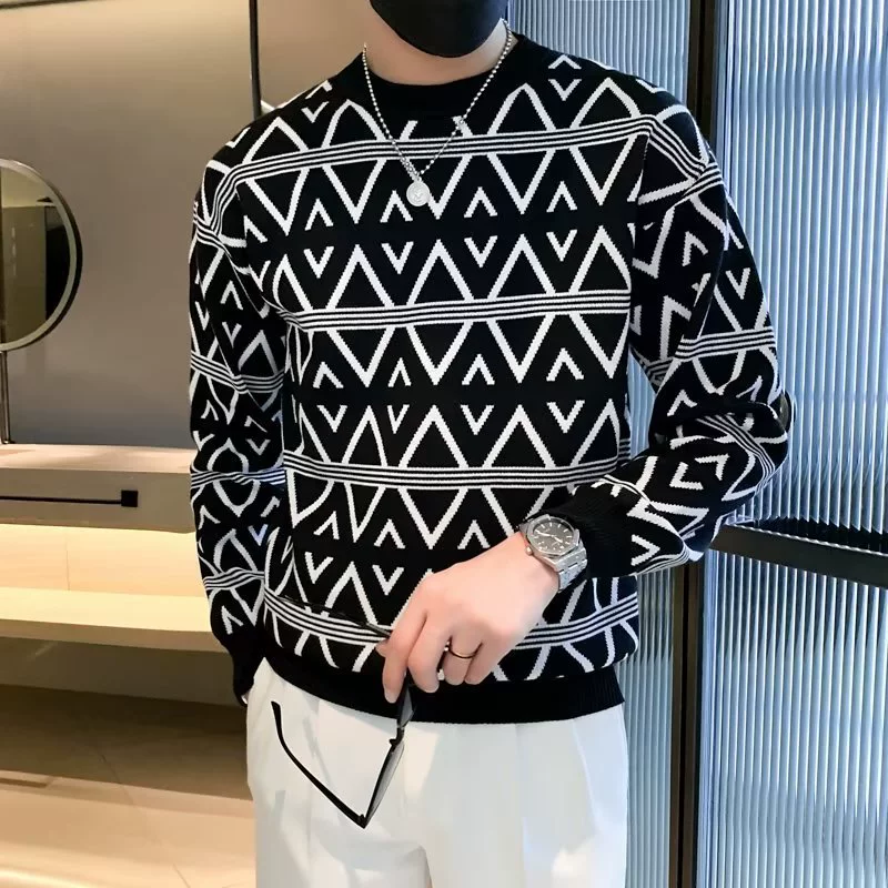 Мужской эластичный цветной вязаный демисезонный базовый свитер, slim fit