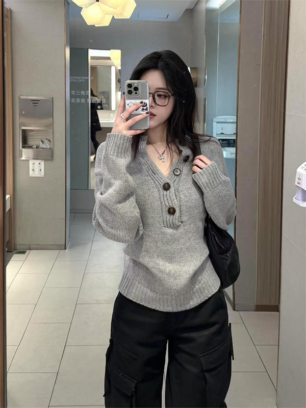 美式灰色亨利领长袖针织衫女春季新款修身显瘦辣妹内搭打底衫上衣|undefined