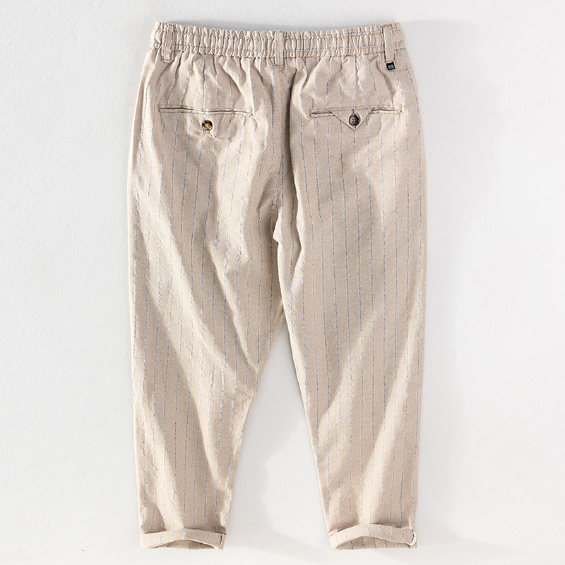 Pantalon décontracté homme rayé coton lin taille élastique_voghion.com