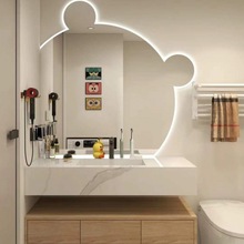 岩板一体盆简约洗手洗脸盆小熊镜子浴室柜卫生间现代原木色洗漱台