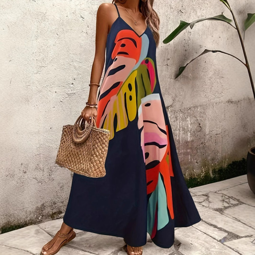 Euro-American Summer Fashion: Comfortable & Casual V-Neck Long Dress with Straps and Vibrant Print