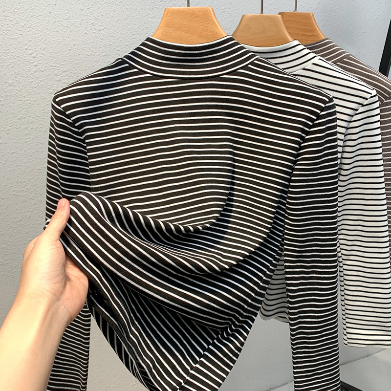 La Mitad de cuello alto de las mujeres que basa la camisa 2023 nuevo contraste de color rayas cepillado camiseta caliente Cintura interior apretado top image 6