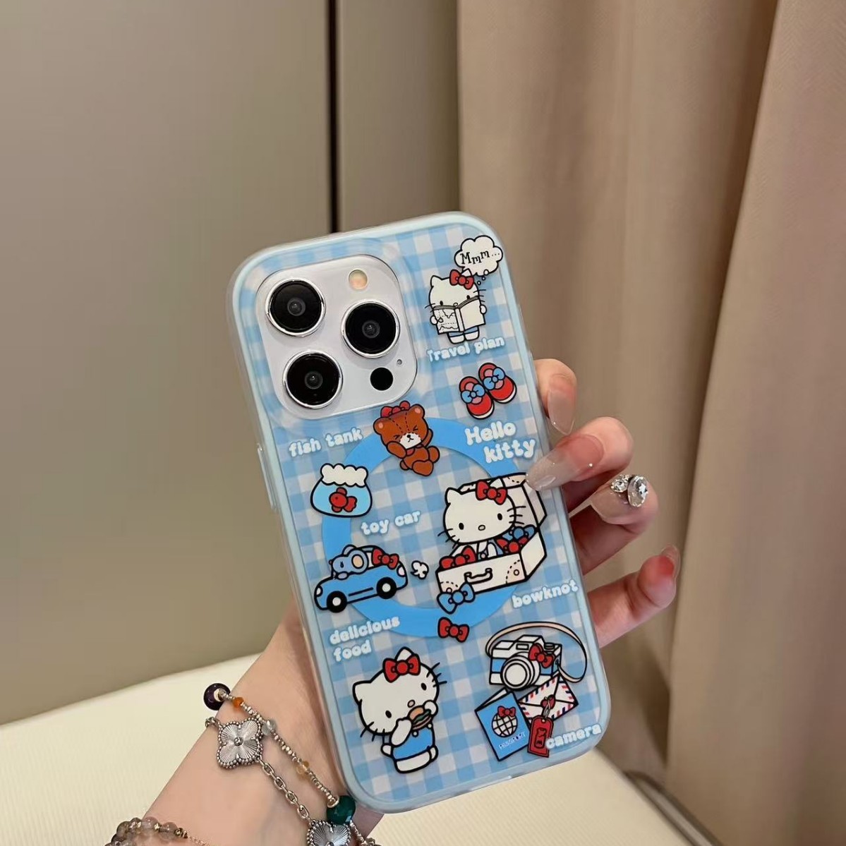 Coreano ins azul a cuadros lindo kt para iphone15ProMax/16 atracción magnética 14 funda para teléfono móvil Apple 15 mujer