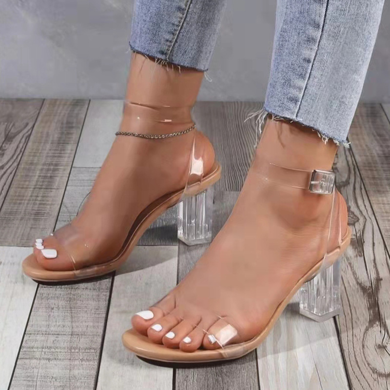 One-Line High-Heeled Sandals for Women 2024 Summer New Style Thick Heel Pvc European and American Large Size Lady Heels41-42 One-Line High-Heeled Sandals for Women 2024 Summer New Style Thick Heel Pvc European and American Large Size Lady Heels41-42
