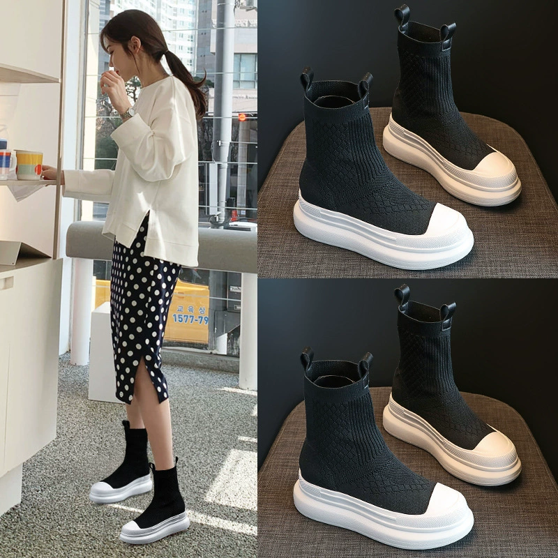 Женские сапоги-ботильоны 2023 года, осенние, из трикотажной ткани, со скрытым увеличением роста, эластичные, в стиле мартин, в наличии, в корейском стиле, дышащие