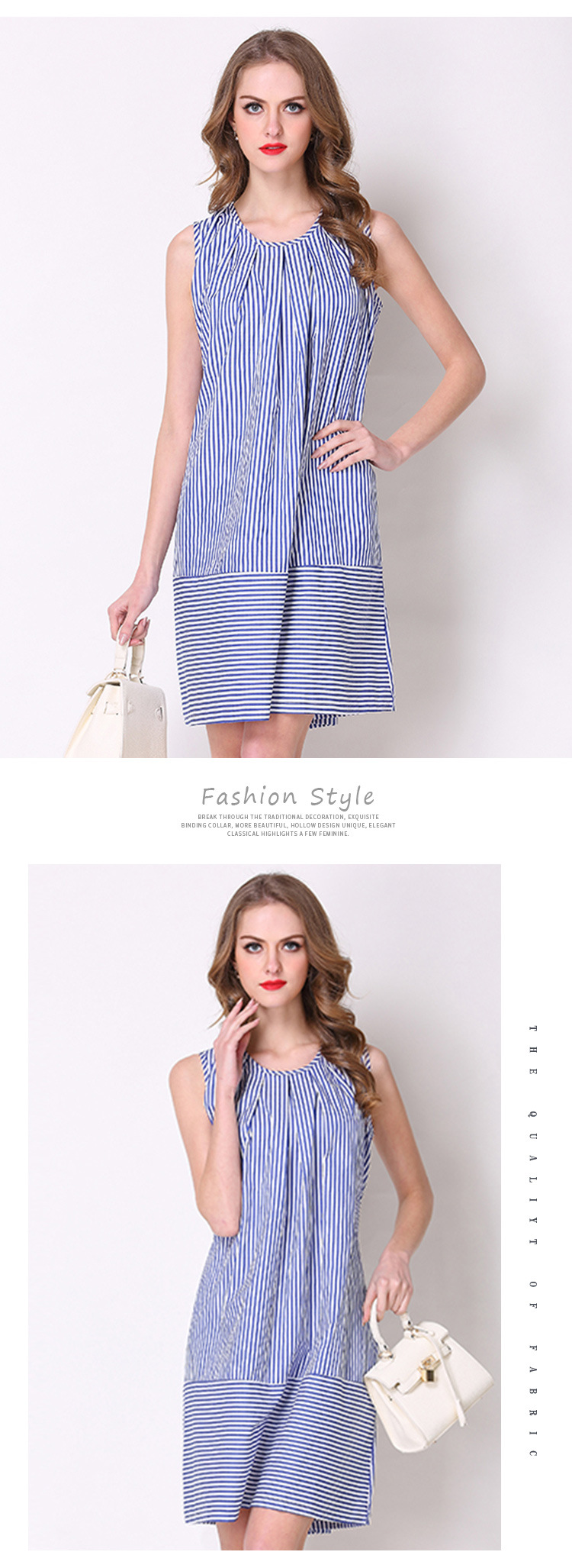 blue striped sleeveless round neck casual dress  NSJR122431