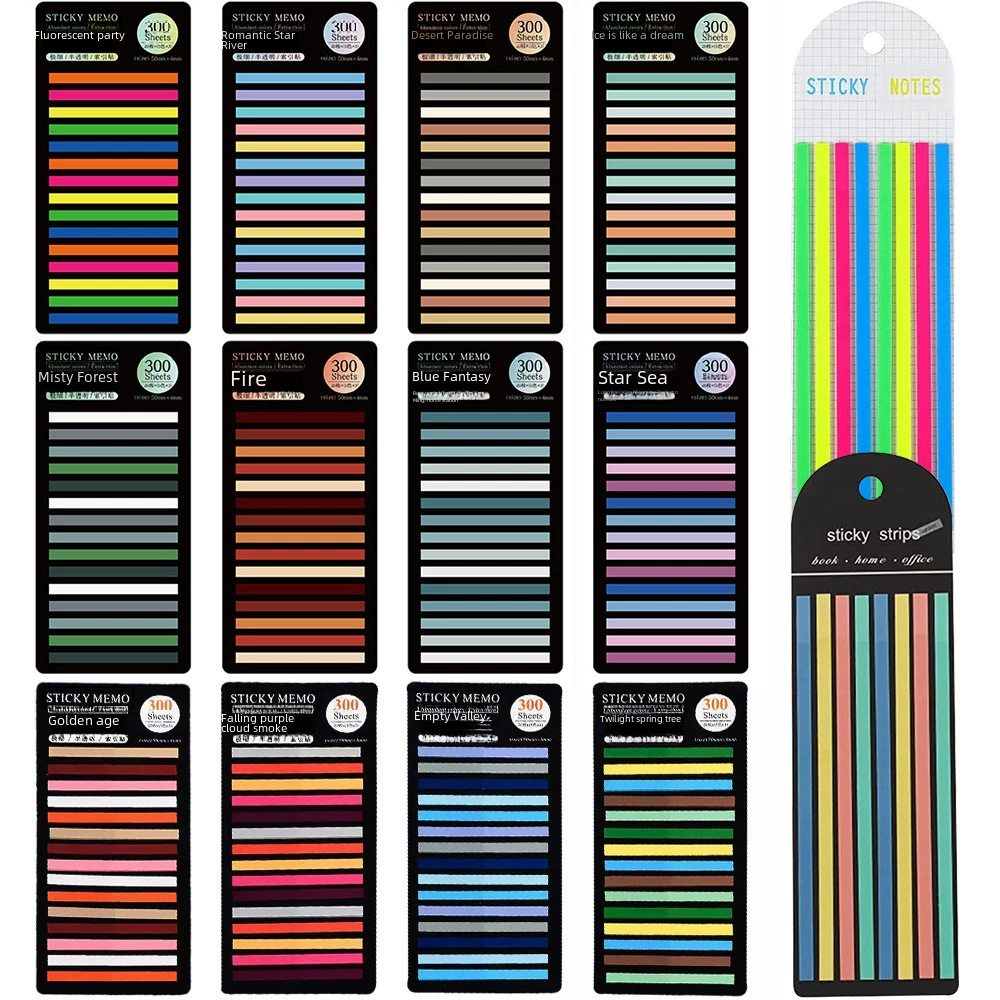 Extremely Thin Fluorescent PET Index Stickers, 300 pcs, Waterproof Long Strip Tabs