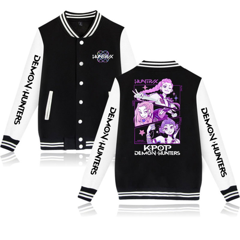 KPop Demon Hunters亚马逊速卖通2D烫画棒球服黑白撞色开衫外套|undefined