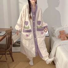 秋冬季新款睡衣女长款珊瑚绒加厚保暖睡袍休闲大码浴袍套装可外穿