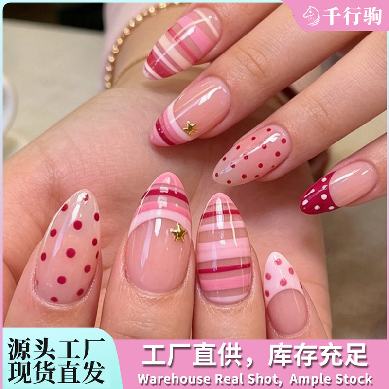 Wearable Almond-Shaped Nails in Rose Red and Pink, Contrasting Colors, French Vintage Striped Polka Dot Long False Nails, Nail Art Stickers Wearable Almond-Shaped Nails in Rose Red and Pink, Contrasting Colors, French Vintage Striped Polka Dot Long False Nails, Nail Art Stickers
