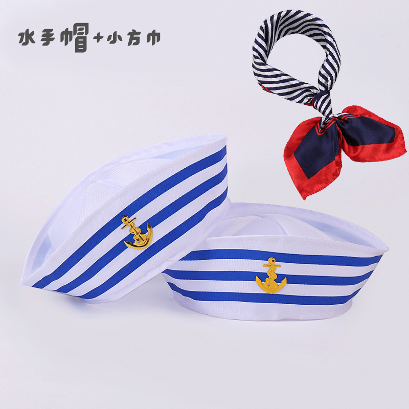 All saints carnival party shipmaster hat stage performance cos sailor hat ship anchor blue strip adult children uniform hat